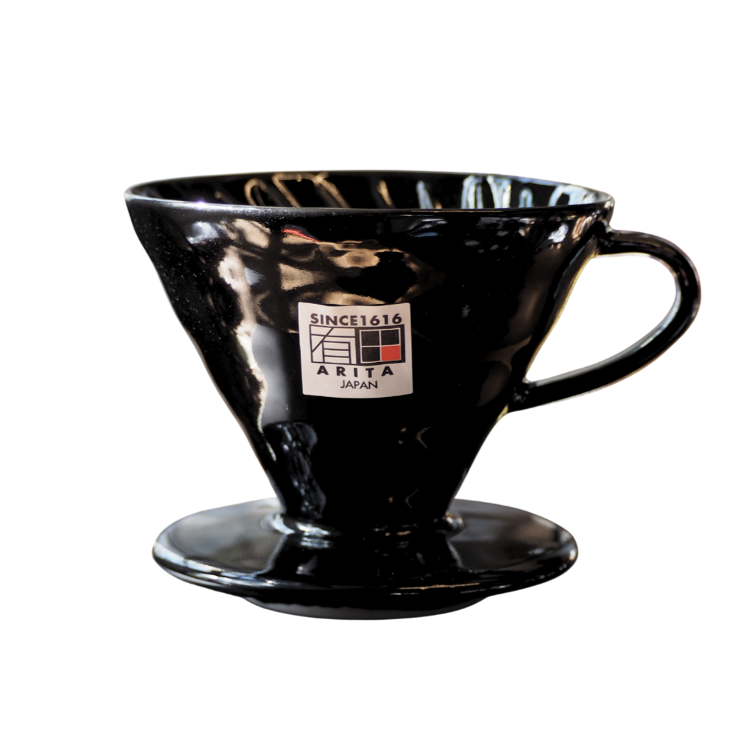 Black ceramic coffee dripper with Arita Japan logo on a white background